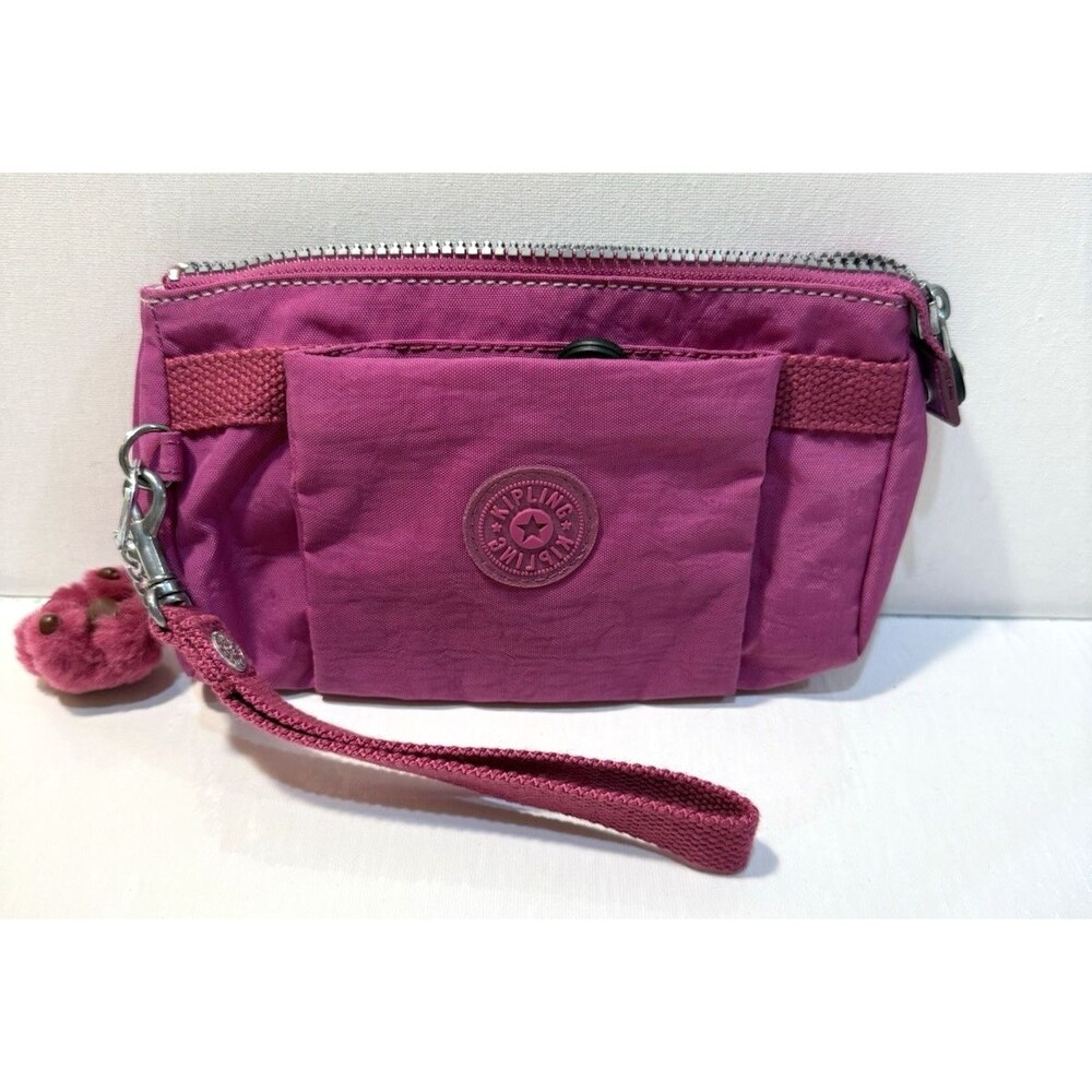 Kipling Wristlet Clutch Raspberry Pink Plush Monkey Purse Bag Nylon Zip